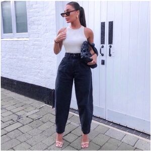 Zara washed black slouchy paper bag barrel jeans sz 2